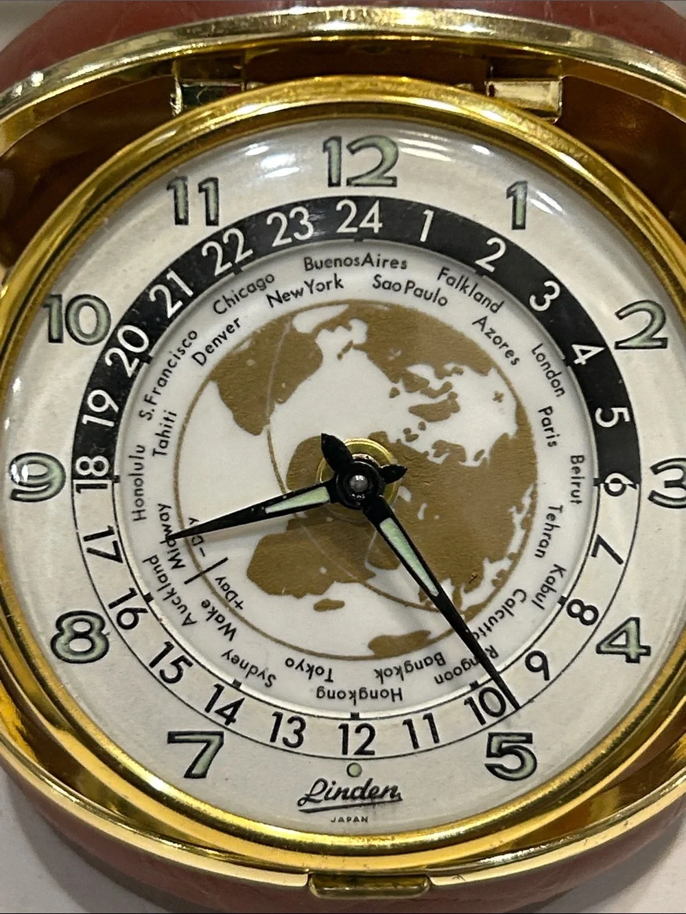 Vintage 70’s Linden Travel Alarm Clock/ World Map Time Zones Wind Up- Working